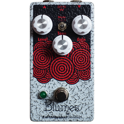 EarthQuaker Devices effects pedal with red spiral design and 'Blumes' branding on a white background