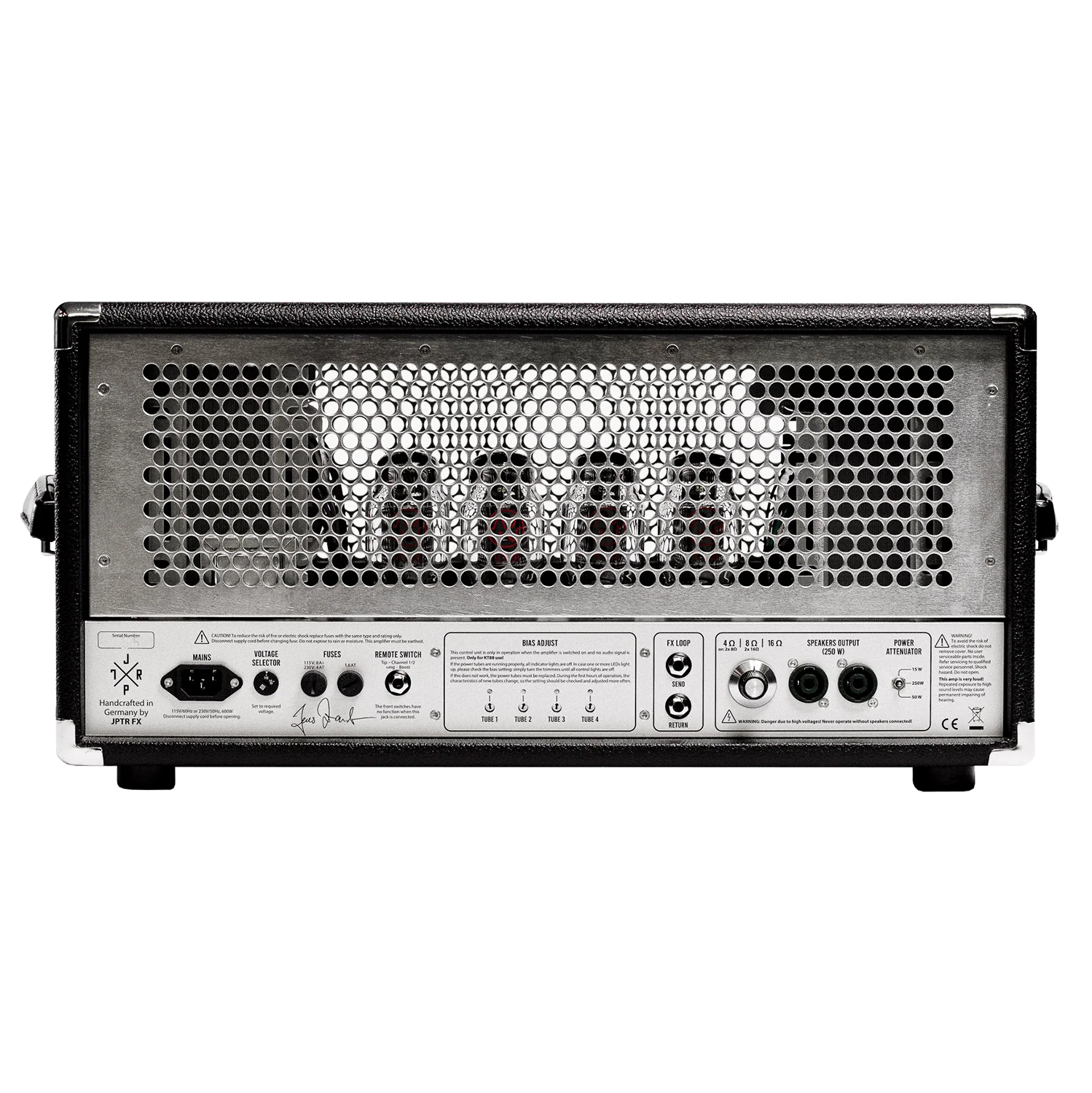 Back of Guitar amplifier head on a white background