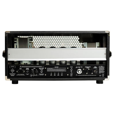 Back of Guitar amplifier head with black control panel and power switch on a white background