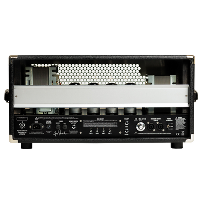 Back of Guitar amplifier head with black control panel and power switch on a white background