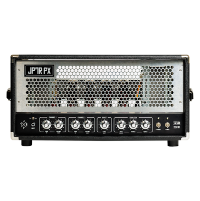 Guitar amplifier head with black panel on a white background