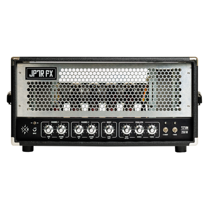 Guitar amplifier head with black panel on a white background