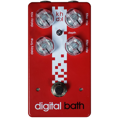 Red digital delay effects pedal with control knobs and 'Digital Bath' branding on a white background