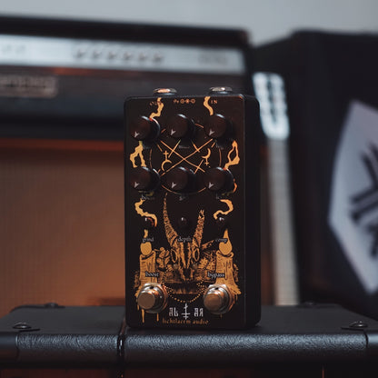 Black and gold Lichtlaerm Altar Mk3 Fuzz pedal for guitars at Cult FX headquarters