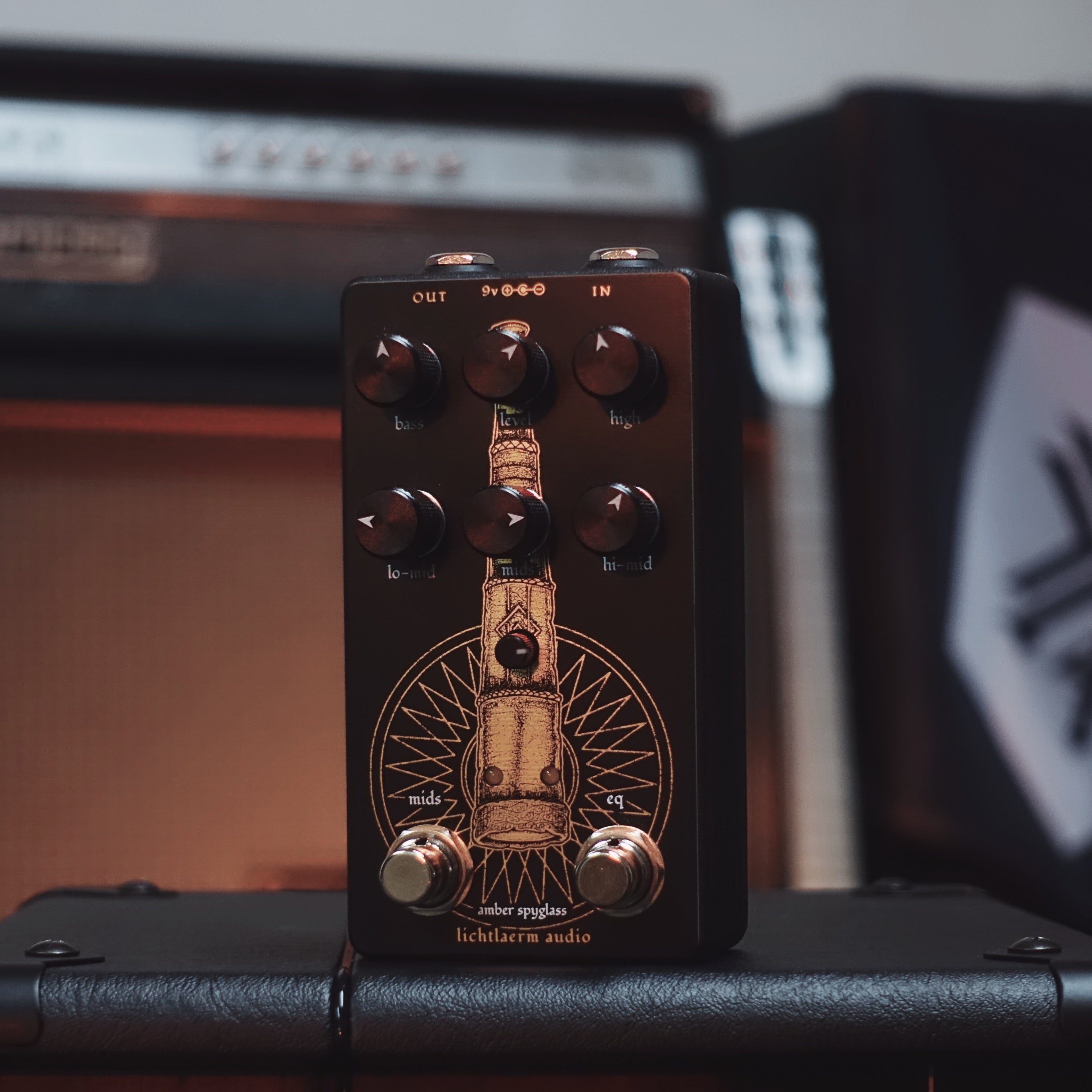 Black and gold Lichtlaerm Amber Spyglass  EQ pedal for guitars at Cult FX headquarters