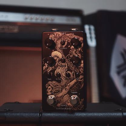 Black and gold Lichtlaerm Aquaria Overdrive pedal for guitars at Cult FX headquarters