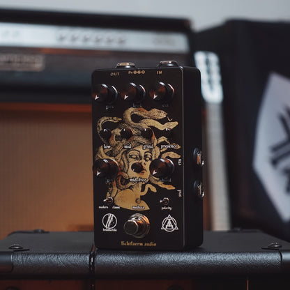 Black and gold Lichtlaerm Medusa Distortion pedal for guitars at Cult FX headquarters