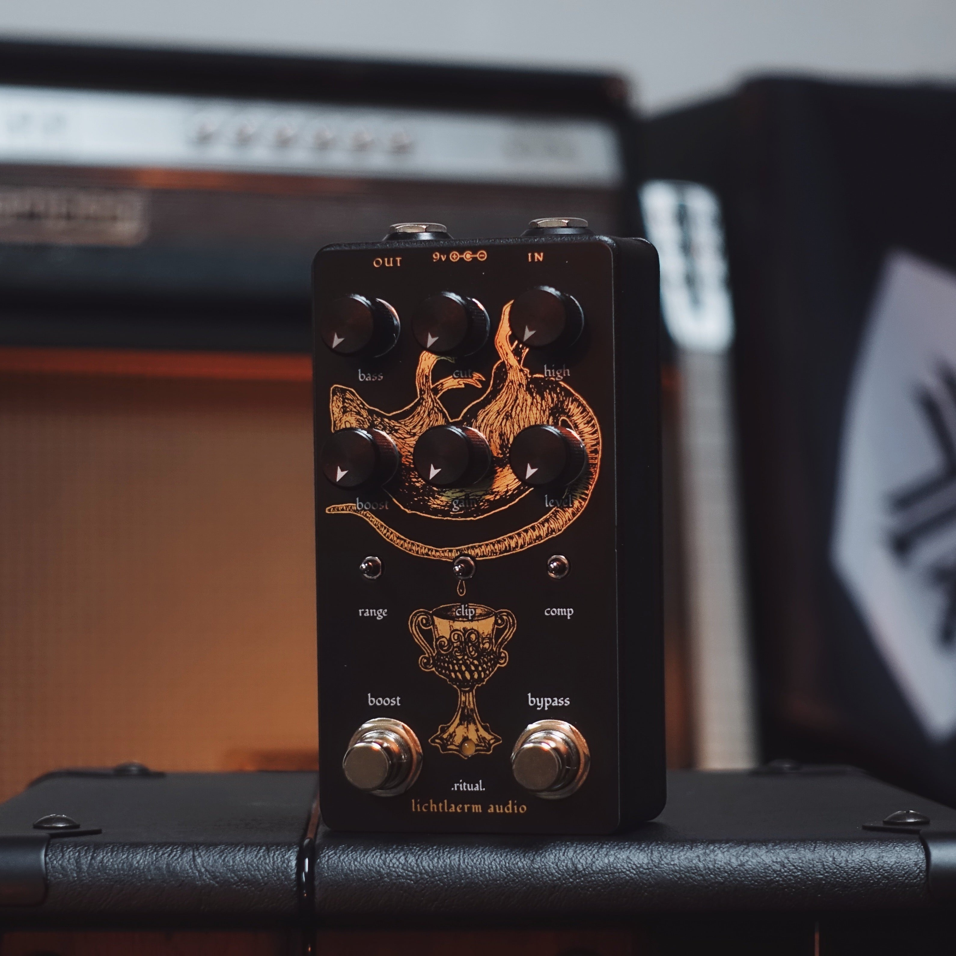 Black and gold Lichtlaerm Ritual Distortion pedal for guitars at Cult FX headquarters