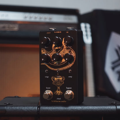 Black and gold Lichtlaerm Ritual Distortion pedal for guitars at Cult FX headquarters