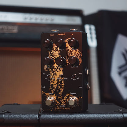 Black and gold Lichtlaerm Untiefe Multi-Modulation Reverb pedal for guitars at Cult FX headquarters