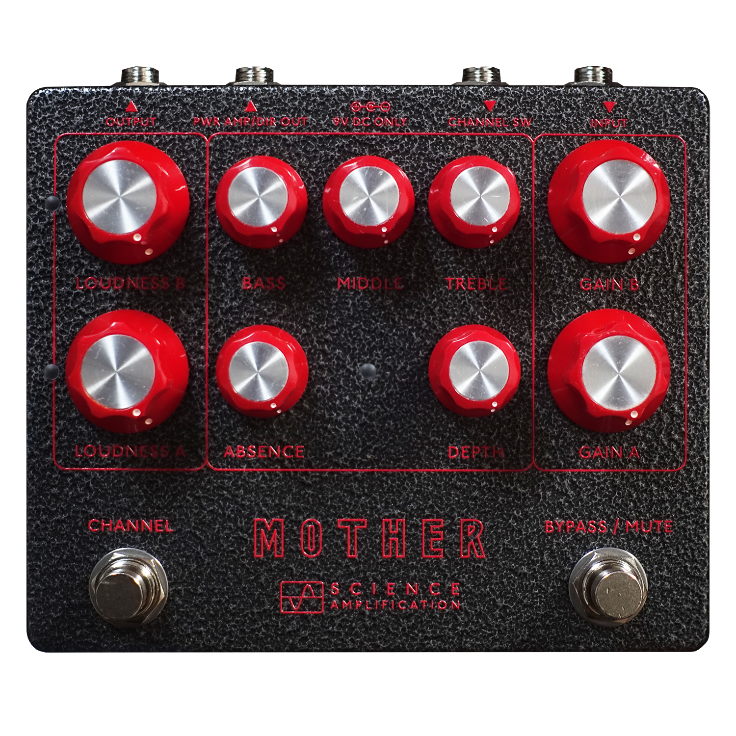Guitar effects pedal with red and silver knobs on a black surface, featuring 'Mother Science Amplification' branding.