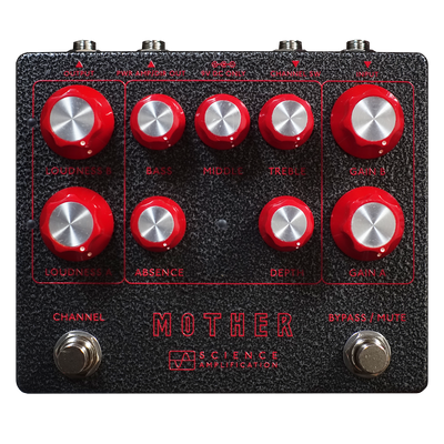 Guitar effects pedal with red and silver knobs on a black surface, featuring 'Mother Science Amplification' branding.